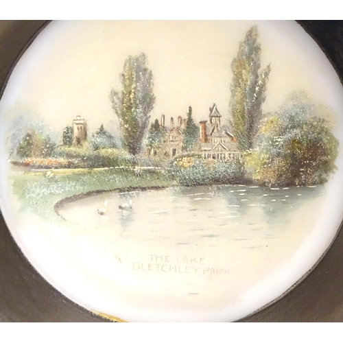 808 - A 20thC oil on opaline glass landscape miniature depicting Bletchley Park from the lake. Titled unde... 