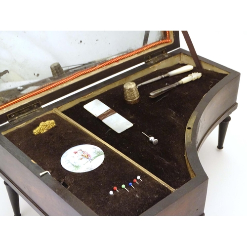 817 - A 19thC Palais Royal music box / etui / necessaire of grand piano form with inlaid detail, a fitted ... 