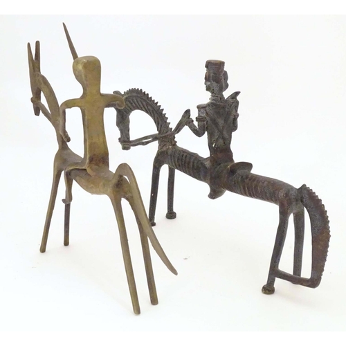 824 - Two Picasso style horse sculptures, an iron example depicting a soldier riding. Approx. 13