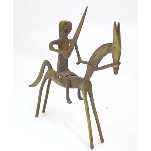 824 - Two Picasso style horse sculptures, an iron example depicting a soldier riding. Approx. 13