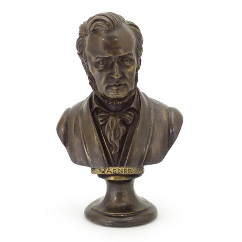 827 - A 19thC cast bronze bust of the German composer Wilhelm Richard Wagner. Approx. 9