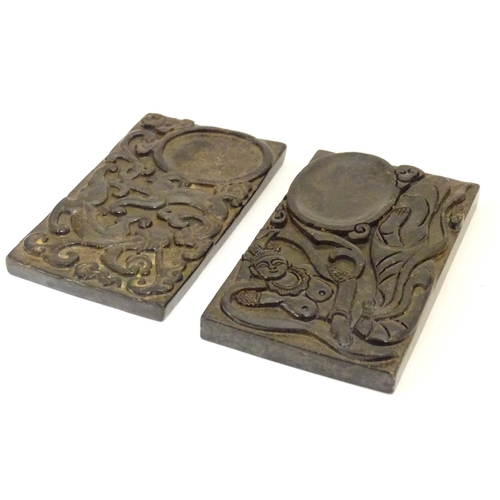 843 - Two Chinese carved stone ink stones, one depicting a dancing figure, the other depicting stylised dr... 