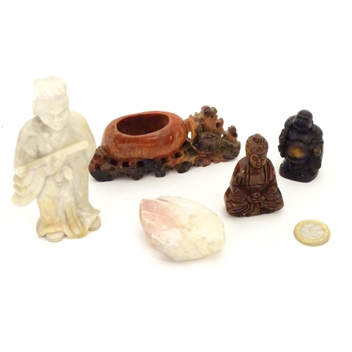 845 - Asian items to include a carved hardstone Buddha, a carved soapstone figure / scholar wearing robes,... 