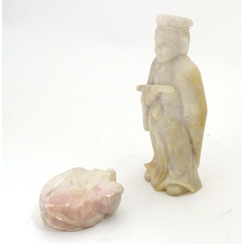 845 - Asian items to include a carved hardstone Buddha, a carved soapstone figure / scholar wearing robes,... 