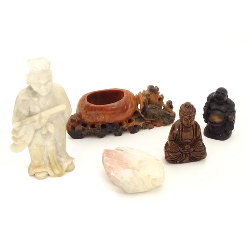 845 - Asian items to include a carved hardstone Buddha, a carved soapstone figure / scholar wearing robes,... 