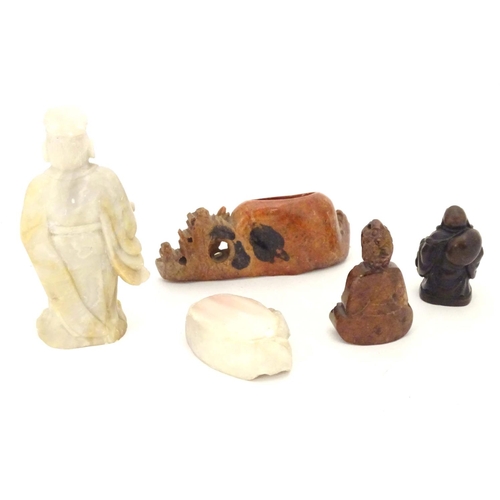 845 - Asian items to include a carved hardstone Buddha, a carved soapstone figure / scholar wearing robes,... 