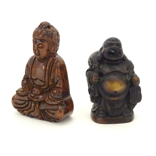 845 - Asian items to include a carved hardstone Buddha, a carved soapstone figure / scholar wearing robes,... 