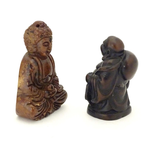 845 - Asian items to include a carved hardstone Buddha, a carved soapstone figure / scholar wearing robes,... 