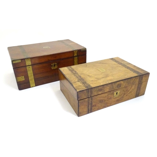 888 - A 19thC walnut writing box with marquetry inlay. Together with a brass bound Victorian writing slope... 