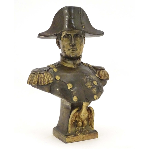 946 - A 20thC cast bust of emperor Napoleon Bonaparte wearing uniform and a bicorne hat, with gilt highlig... 