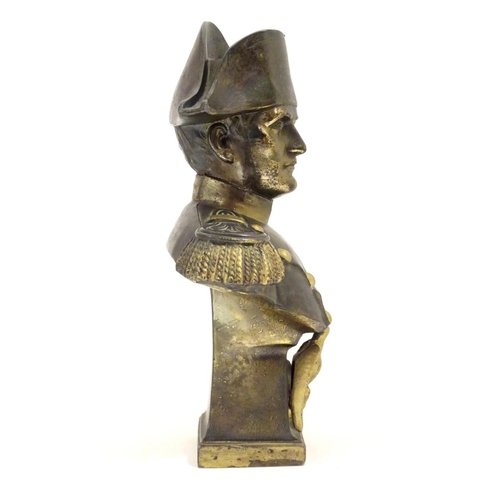 946 - A 20thC cast bust of emperor Napoleon Bonaparte wearing uniform and a bicorne hat, with gilt highlig... 