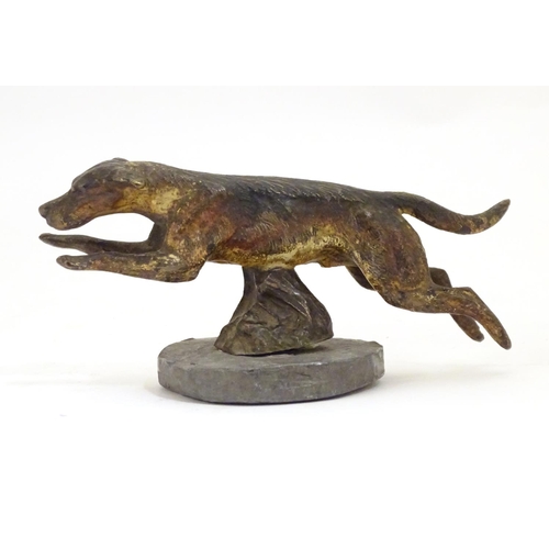 953 - A late 19th / early 20thC cold painted bronze car mascot modelled as a running hound / dog, on an as... 