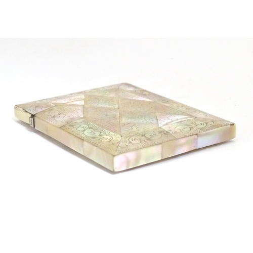 955 - A Victorian mother of pearl card case of rectangular form with a hinged lid and push button release.... 