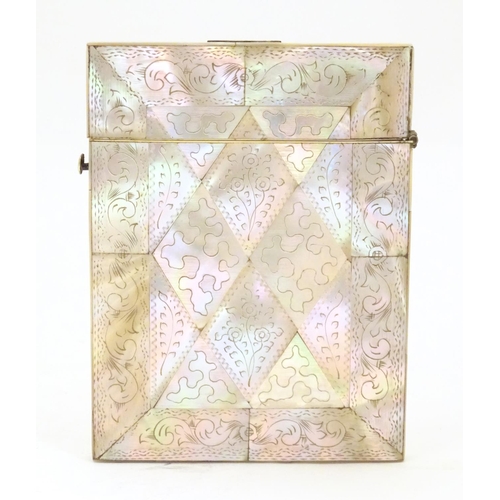 955 - A Victorian mother of pearl card case of rectangular form with a hinged lid and push button release.... 