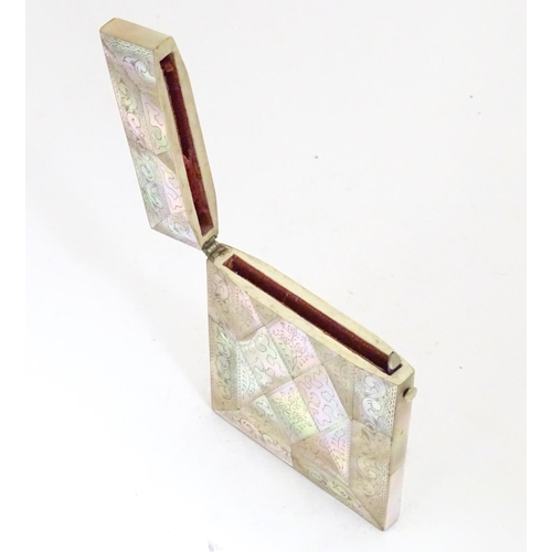 955 - A Victorian mother of pearl card case of rectangular form with a hinged lid and push button release.... 