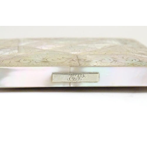 955 - A Victorian mother of pearl card case of rectangular form with a hinged lid and push button release.... 