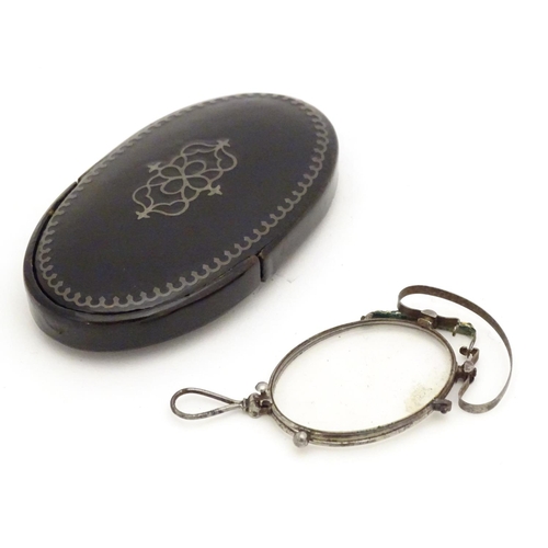 959 - 19thC folding pince-nez glasses contained within an oval papier mache case with inlaid detail. Case ... 