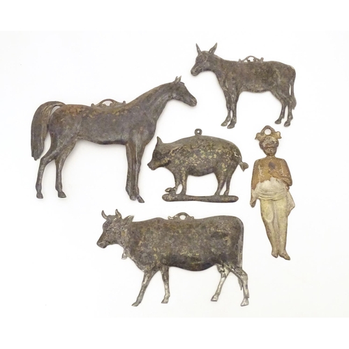 961 - Five Italian style white metal embossed votive plaques, to include a horse, donkey, pig, bull and fi... 