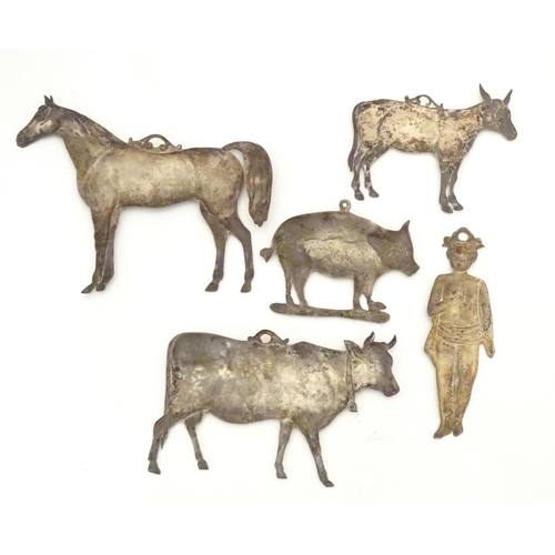 961 - Five Italian style white metal embossed votive plaques, to include a horse, donkey, pig, bull and fi... 