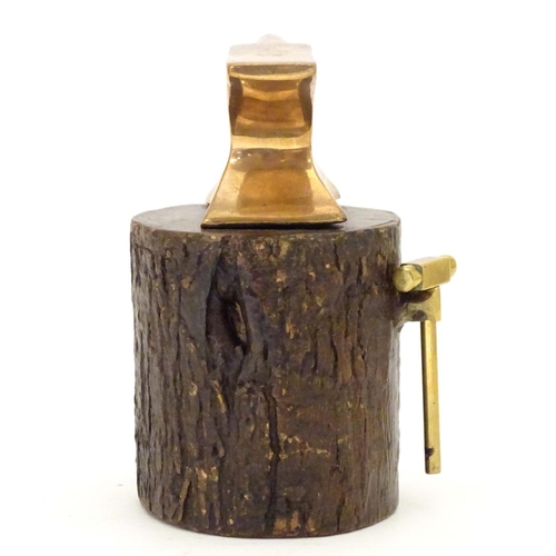 965 - An early 20thC small proportion brass model anvil mounted on a tree stump base with hammer. Approx. ... 