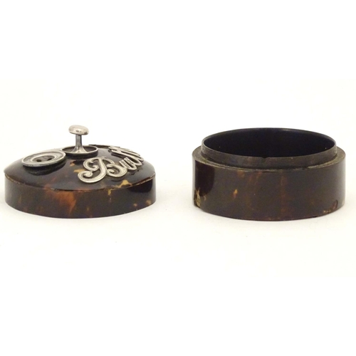 988 - A Victorian turned wooden button box with tortoiseshell veneer of circular form with silver mounts, ... 