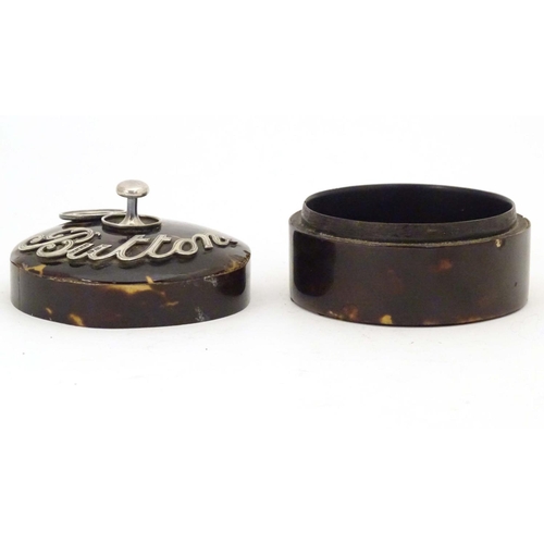 988 - A Victorian turned wooden button box with tortoiseshell veneer of circular form with silver mounts, ... 