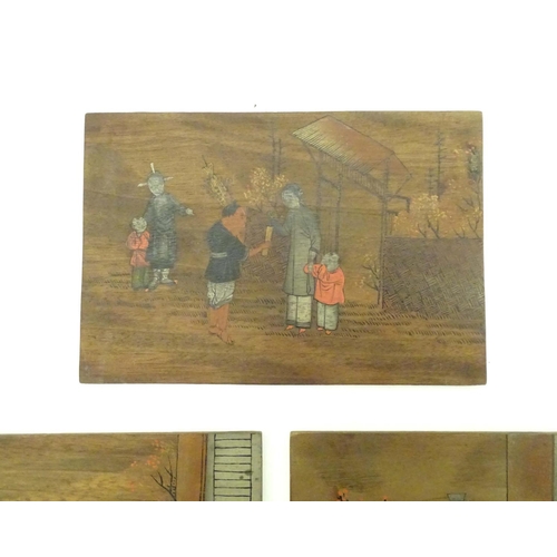 993 - Three Oriental wooden panels with hand painted scenes depicting, a terrace scene with figures and a ... 