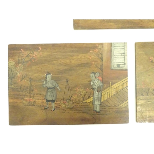 993 - Three Oriental wooden panels with hand painted scenes depicting, a terrace scene with figures and a ... 