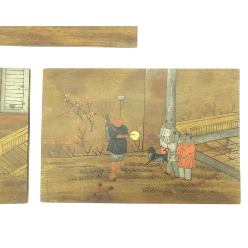 993 - Three Oriental wooden panels with hand painted scenes depicting, a terrace scene with figures and a ... 