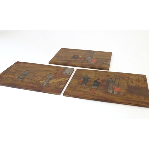 993 - Three Oriental wooden panels with hand painted scenes depicting, a terrace scene with figures and a ... 