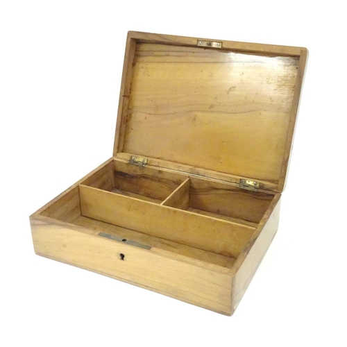 997 - A late 19th / early 20thC olivewood sewing box the hinged lid inlaid with sewing implement decoratio... 