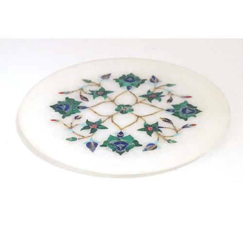 998 - A 20thC alabaster dish / stand with decorative floral marquetry, inlaid with malachite, lapis lazuli... 