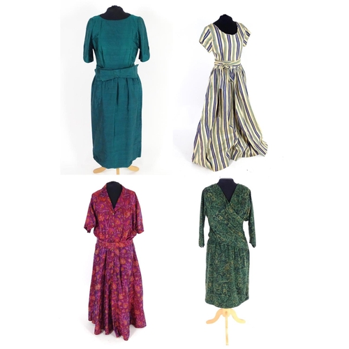 710 - Bespoke vintage dresses to include; a pink/purple taffeta full length dress with belt, a green taffe... 