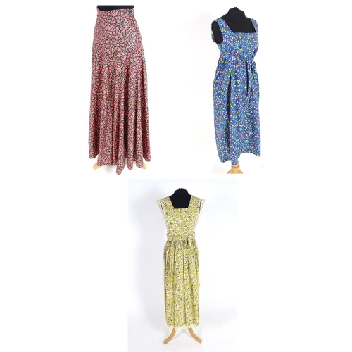 718 - 3 vintage Travers Tempos of London dress c1970's, a  cotton pinafore dress with cream, yellow and br... 