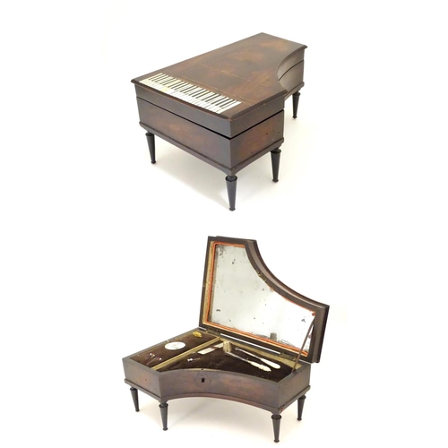 817 - A 19thC Palais Royal music box / etui / necessaire of grand piano form with inlaid detail, a fitted ... 