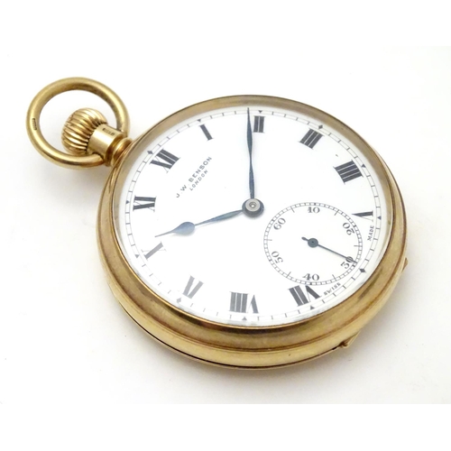 563 - A 9ct gold JW Benson open face pocket watch with white enamel dial, Roman numerals and inset seconds... 