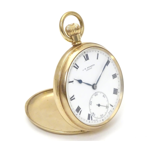 563 - A 9ct gold JW Benson open face pocket watch with white enamel dial, Roman numerals and inset seconds... 