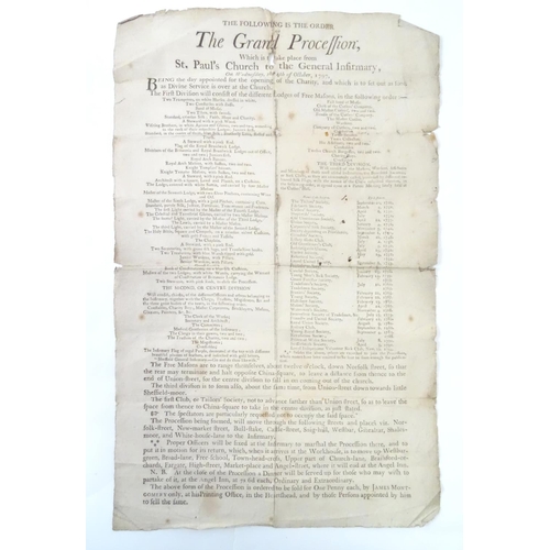 675 - A broadsheet order of division for the Grand Procession of Freemasons from St Paul's Church to the g... 