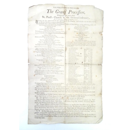 675 - A broadsheet order of division for the Grand Procession of Freemasons from St Paul's Church to the g... 