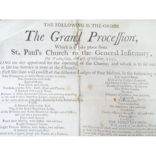 675 - A broadsheet order of division for the Grand Procession of Freemasons from St Paul's Church to the g... 