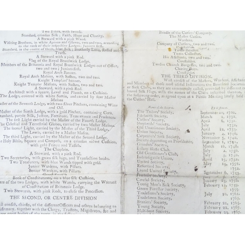 675 - A broadsheet order of division for the Grand Procession of Freemasons from St Paul's Church to the g... 