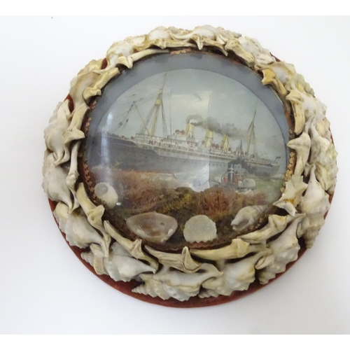 1000 - Three 20thC souvenir dioramas with shell art borders and printed coastal scenes, one depicting the t... 