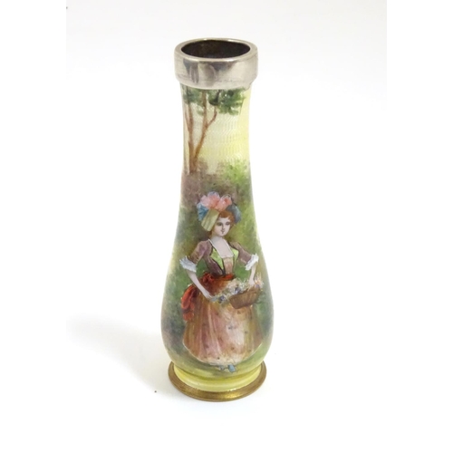 948 - A 20thC bud vase with .925 silver rim and  guilloche enamel style decoration and hand painted image ... 