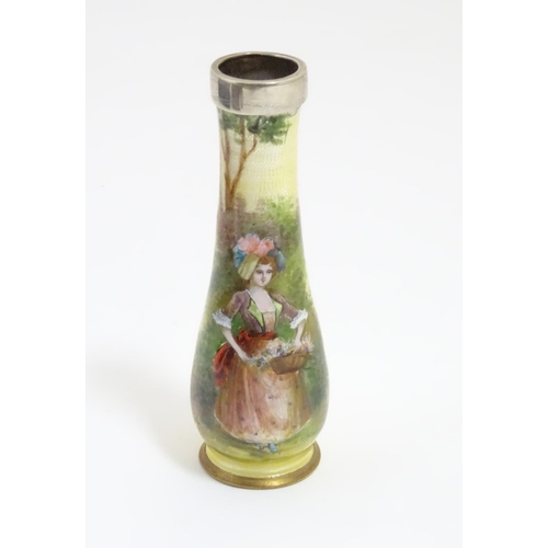 948 - A 20thC bud vase with .925 silver rim and  guilloche enamel style decoration and hand painted image ... 