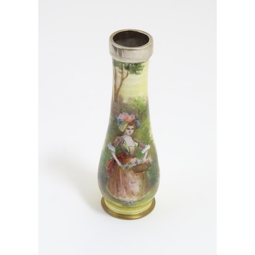 948 - A 20thC bud vase with .925 silver rim and  guilloche enamel style decoration and hand painted image ... 