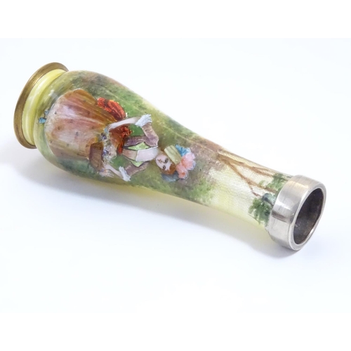 948 - A 20thC bud vase with .925 silver rim and  guilloche enamel style decoration and hand painted image ... 