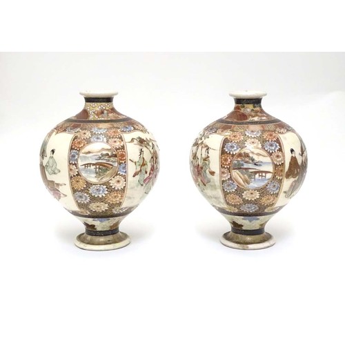 19 - A pair of Japanese Satsuma vases of globular form in the Kutani style with flared rims and feet. The... 