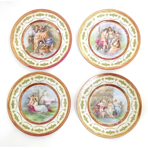 70 - Four Royal Vienna plates depicting mythological figures to include Cupid and Psyche, Neptune and Ven... 