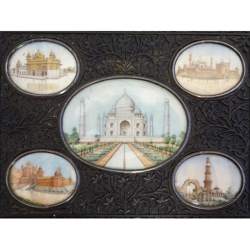 828 - Five late 19th / early 20thC Indian architectural miniatures mounted together within a carved wooden... 