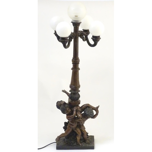 1525 - A 20thC bronze lamp with 5 glass globe shades. , the central column supported by putti. the whole ap... 